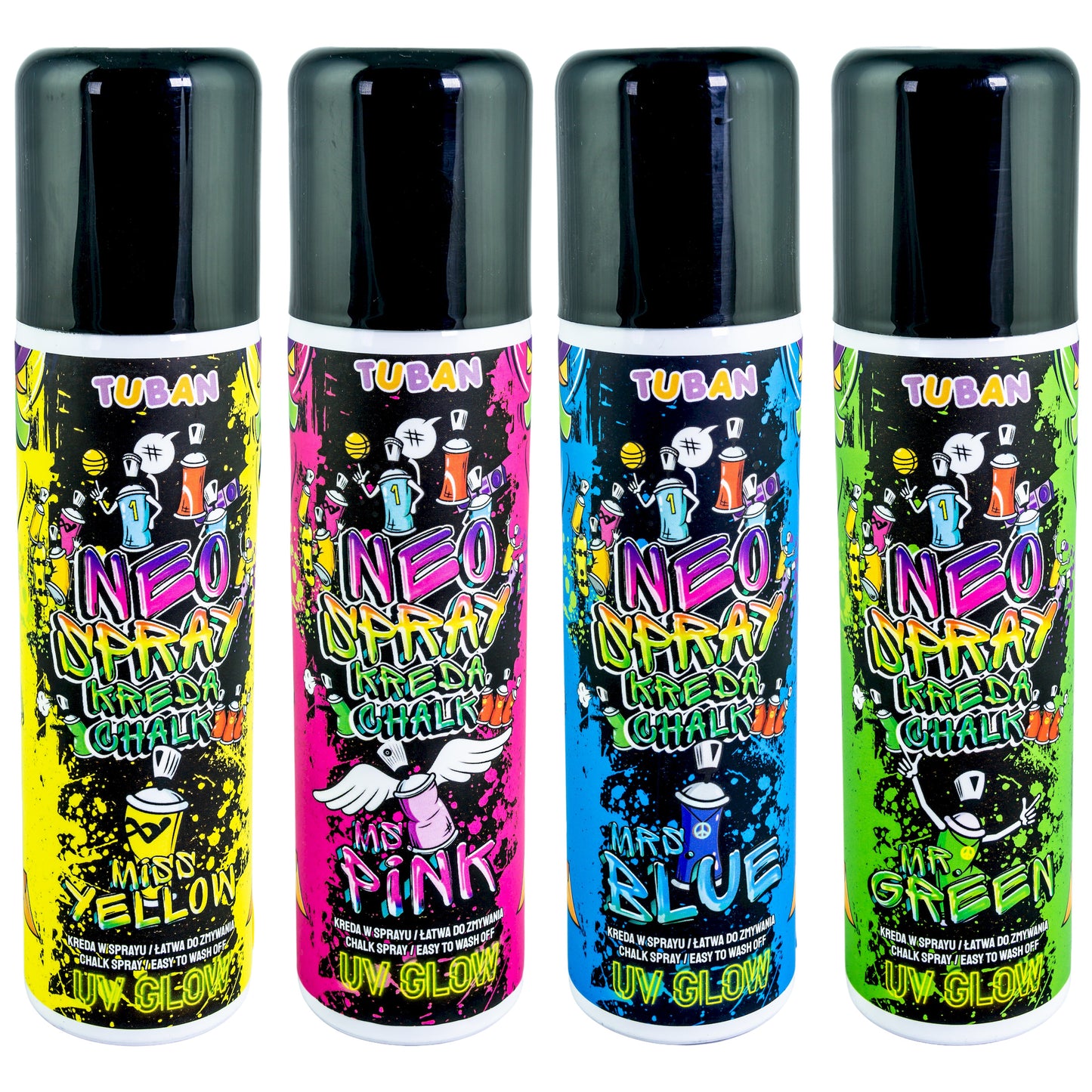 Tuban - Krijt Spray UV Glow Neo - set 4x150 ml - Roze, Geel, Groen, Blauw