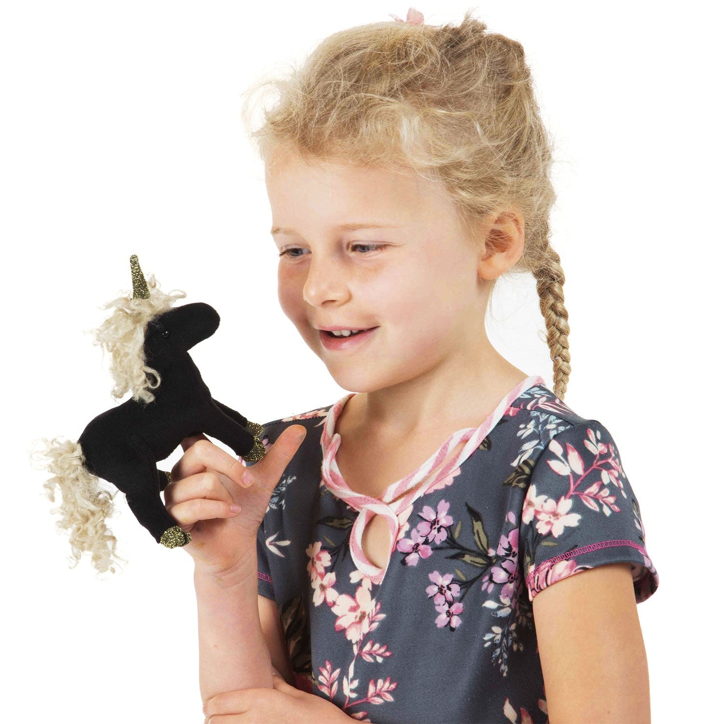 Folkmanis - Vinger poppetje - Mini Black Unicorn - Playlaan