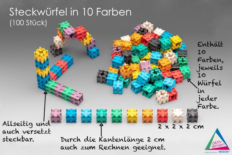 Wissner - Interlocking kubussen in 10 kleuren 2x2 cm (100 stuks), in kartonnen doos met instructie - Playlaan