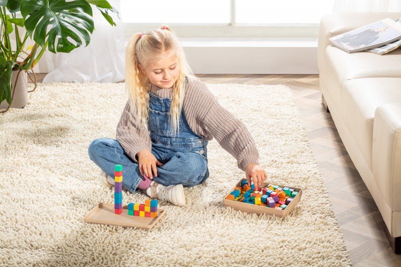 Wissner - Kubussen in 6 kleuren 150 stuks, in katoenen zakje en RE-Wood® doos - Playlaan