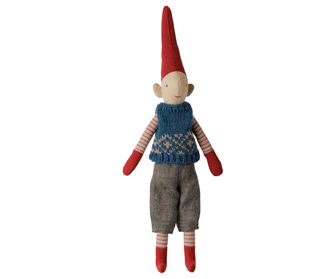 Maileg - Pixy Jongen met Blauw Gebreid Vest – Maat 1
