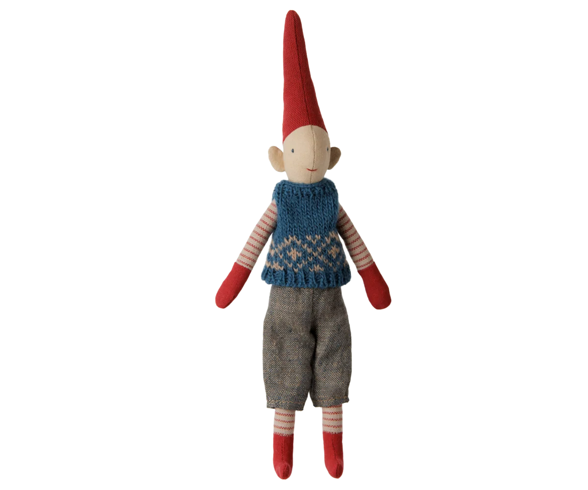 Maileg - Pixy Jongen met Blauw Gebreid Vest – Maat 1