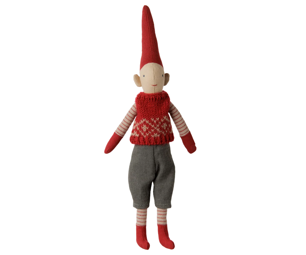 Maileg - Pixy Jongen met Rood Gebreid Vest – Maat 1