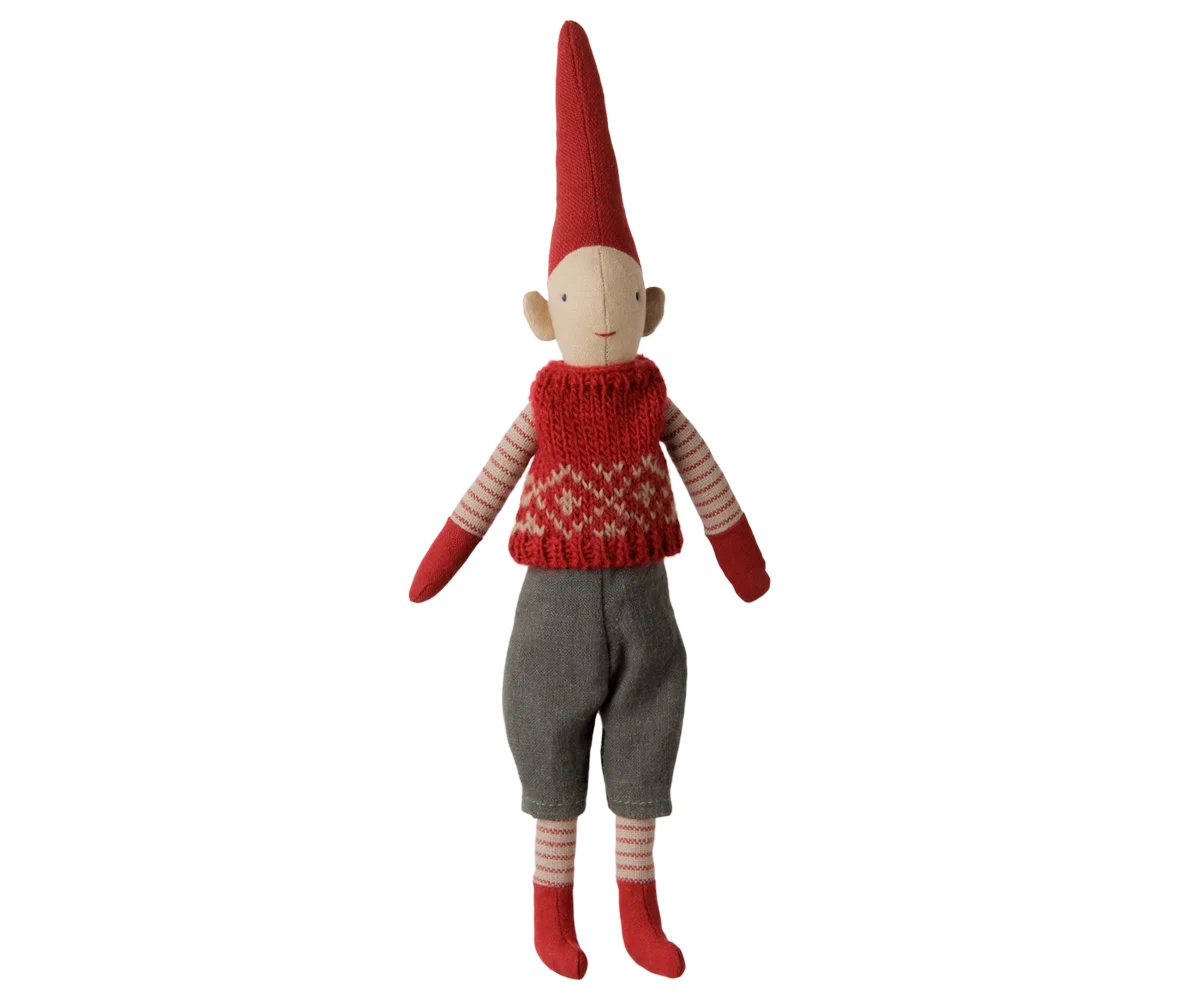 Maileg - Pixy Jongen met Rood Gebreid Vest – Maat 1