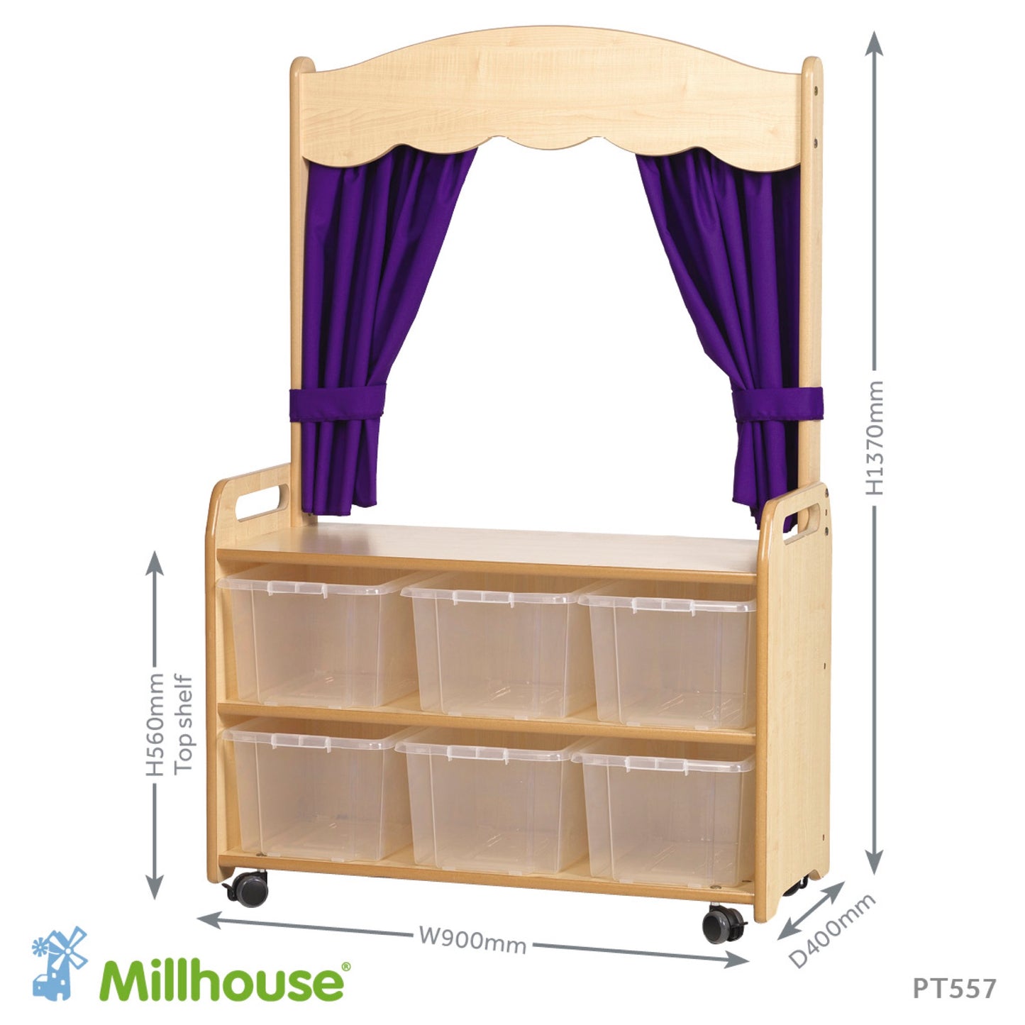 Millhouse - Verrijdbare hoge kast met theatermodule en 6 transparante bakjes - Paars