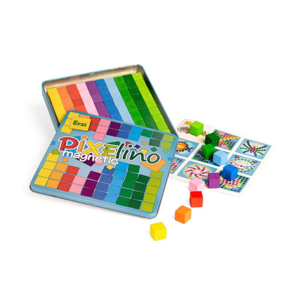 Erzi - Pixelino Spel 100 stuk - Houten Magnetische Blokjes Regenboog - Playlaan