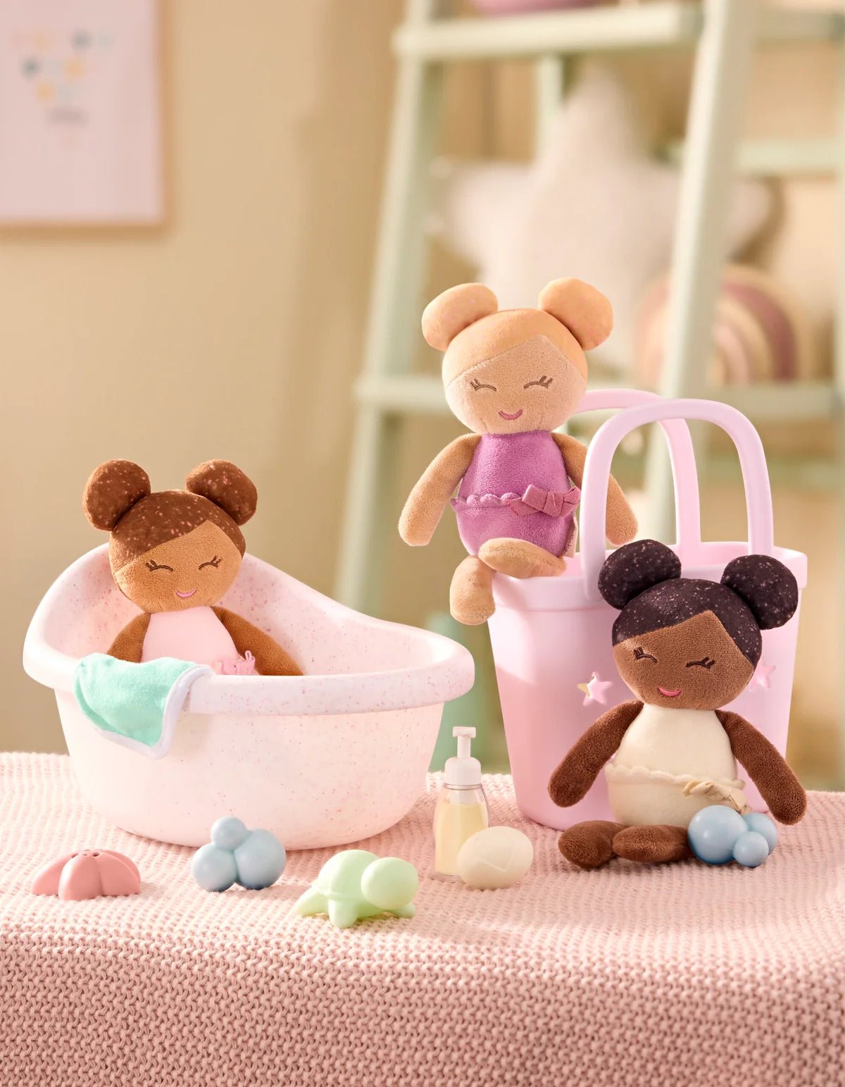 LullaBaby - LullaBaby - Badpoppen in Roze Mandje – set van 3 - Playlaan