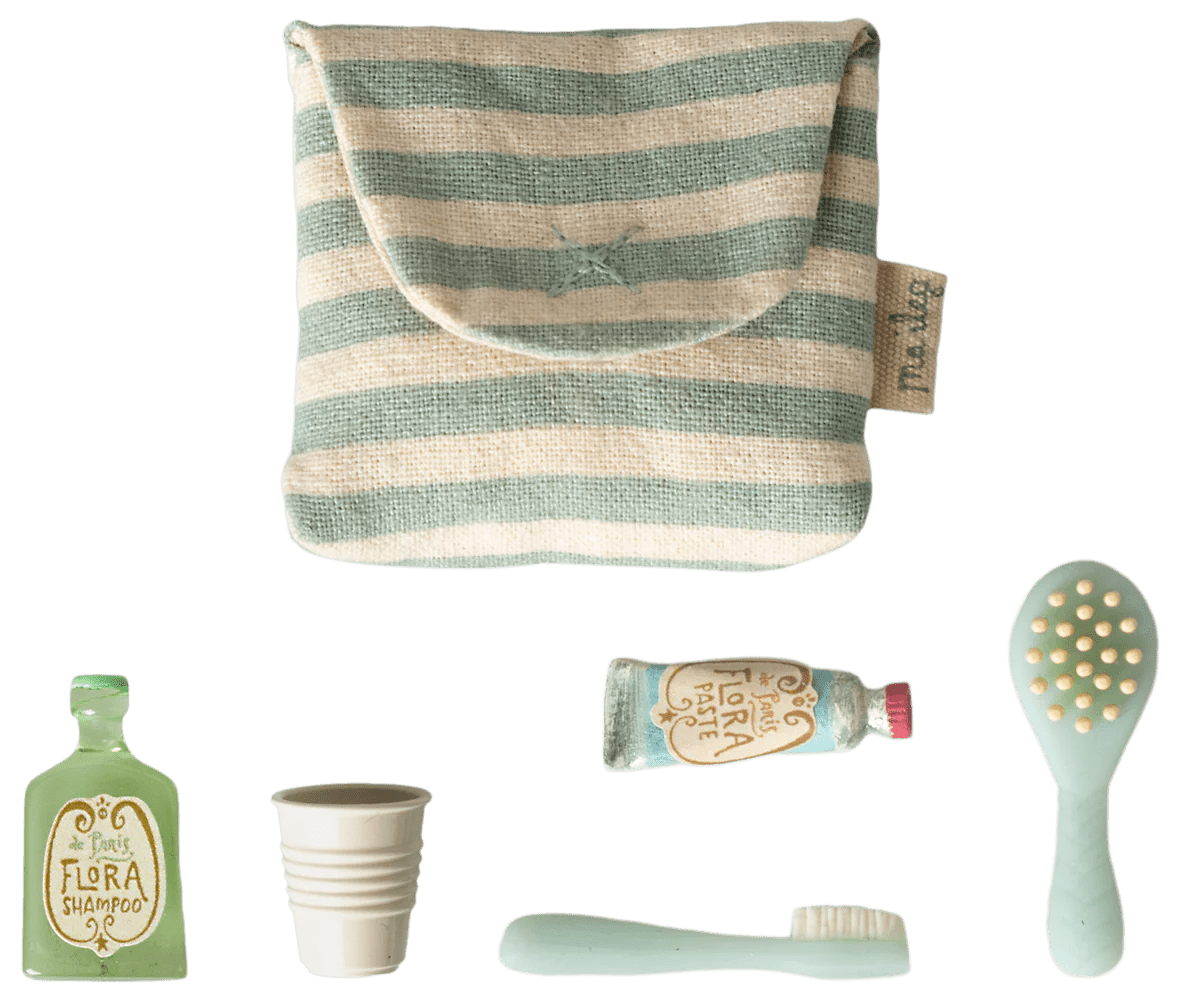 Maileg - Maileg - Toothbrush set in bag, Mouse - Blue stripe - Playlaan