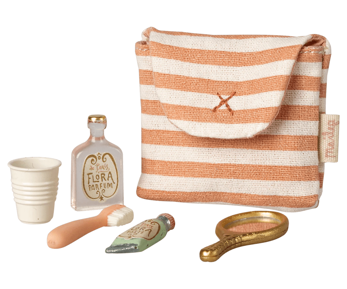 Maileg - Maileg - Toothbrush set in bag, Mouse - Coral stripe - Playlaan
