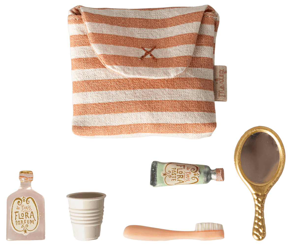 Maileg - Maileg - Toothbrush set in bag, Mouse - Coral stripe - Playlaan