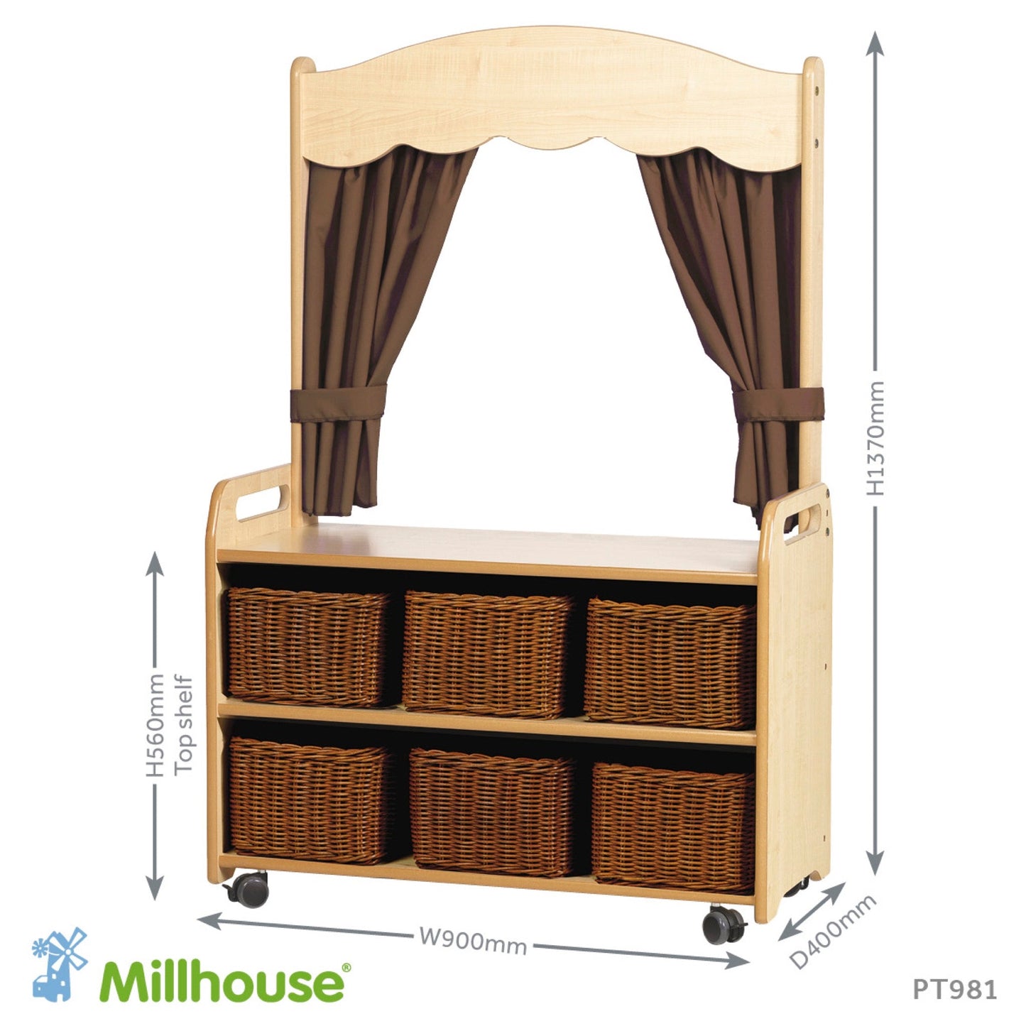Millhouse - Millhouse - Verrijdbare hoge kast met theatermodule en 6 opbergmanden - Taupe - Playlaan