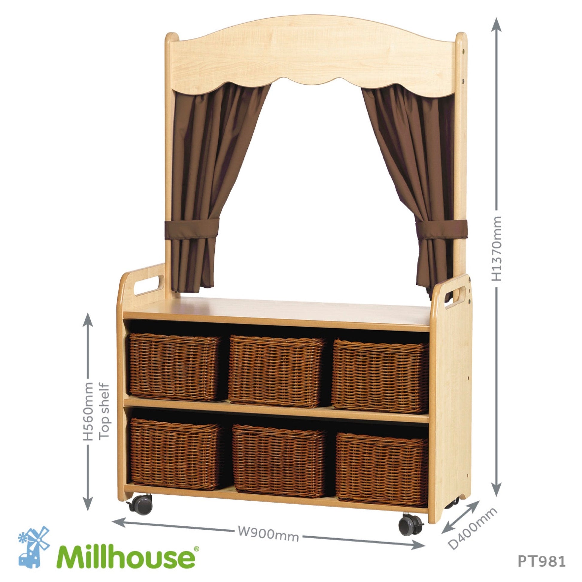 Millhouse - Millhouse - Verrijdbare hoge kast met theatermodule en 6 opbergmanden - Taupe - Playlaan