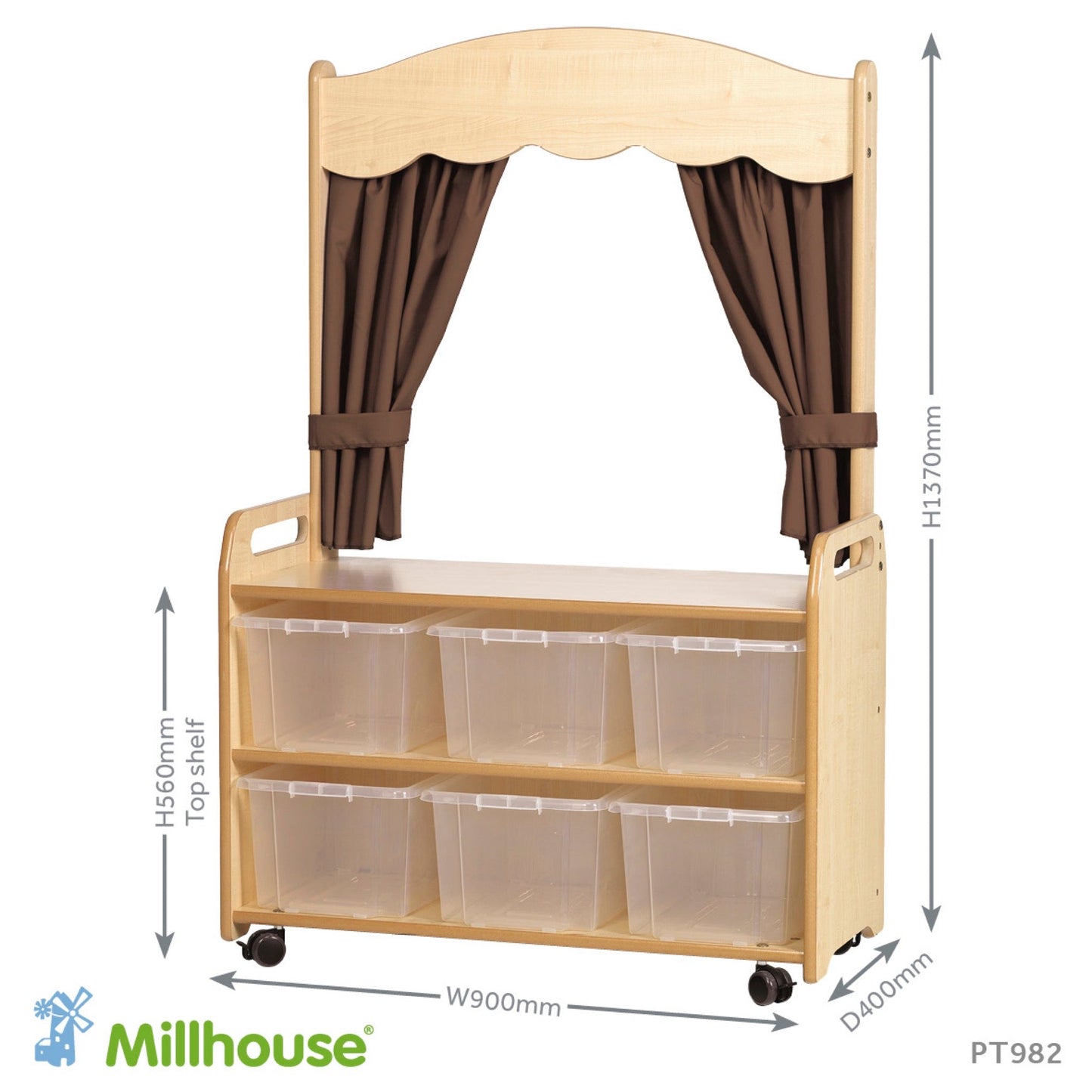 Millhouse - Millhouse - Verrijdbare hoge kast met theatermodule en 6 transparante bakjes - Taupe - Playlaan