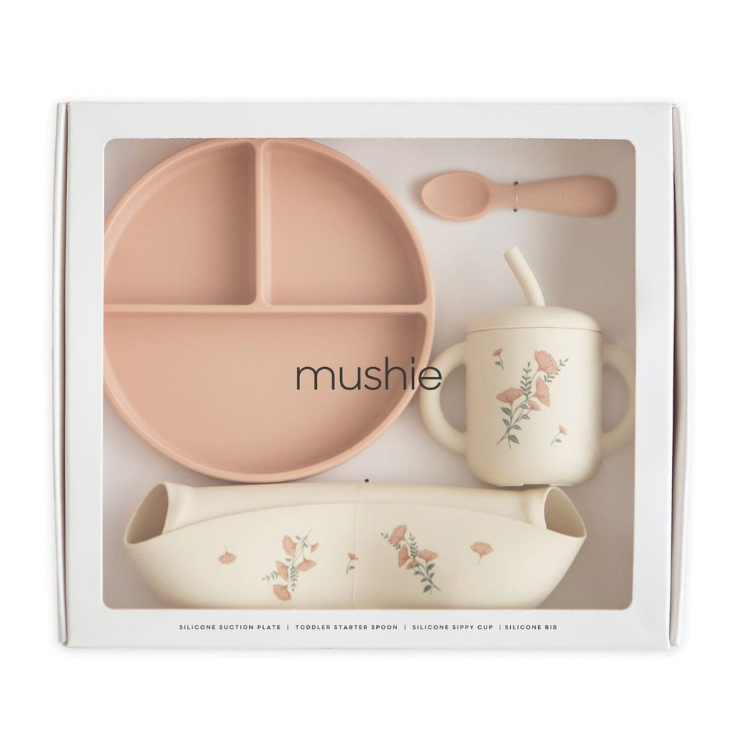 Mushie - Mushie - Siliconen Eetset Pauter in Geschenkdoos - Roze bloemen - Playlaan