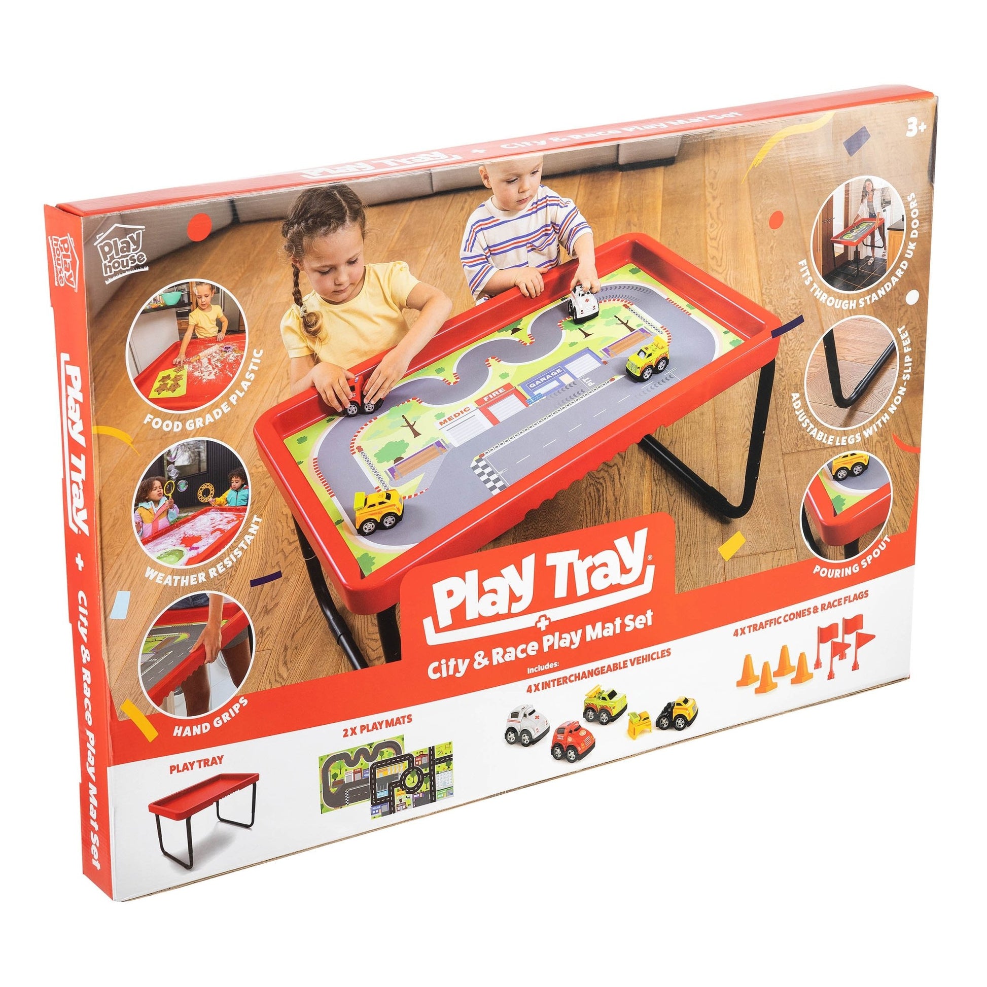 Playhouse - Play Tray Set - City & Race 2 speelmatten + 4 auto's + 4 x kegels en vlaggen - Playlaan