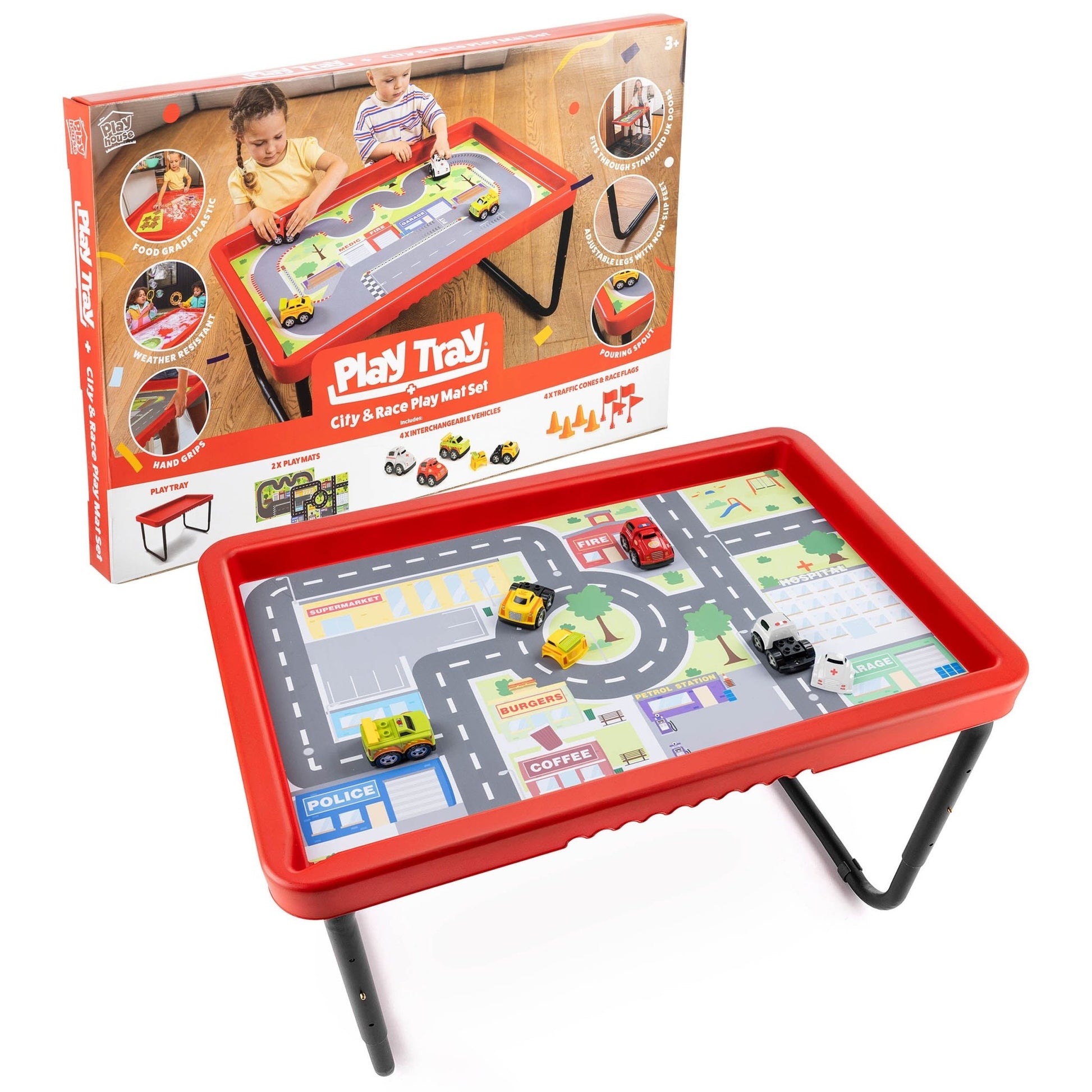 Playhouse - Play Tray Set - City & Race 2 speelmatten + 4 auto's + 4 x kegels en vlaggen - Playlaan