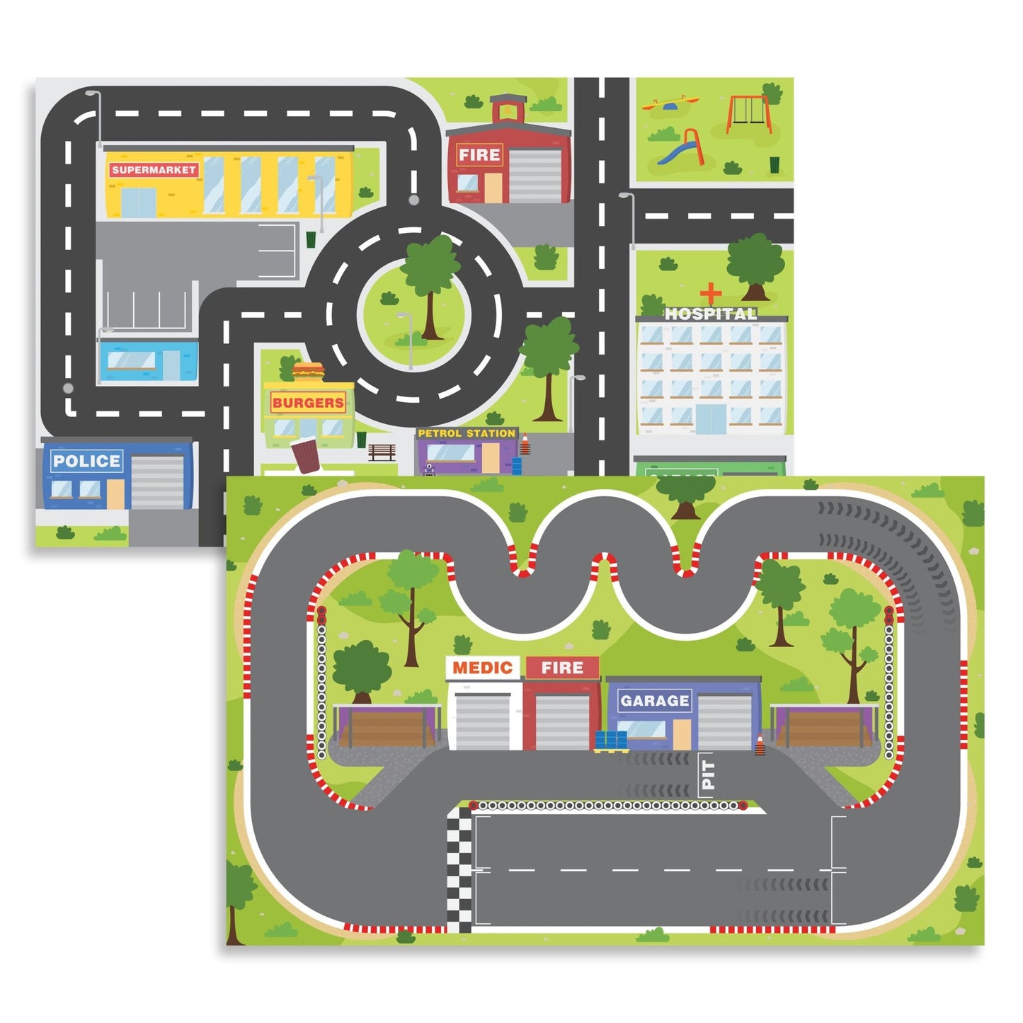 Playhouse - Play Tray Set - City & Race 2 speelmatten + 4 auto's + 4 x kegels en vlaggen - Playlaan