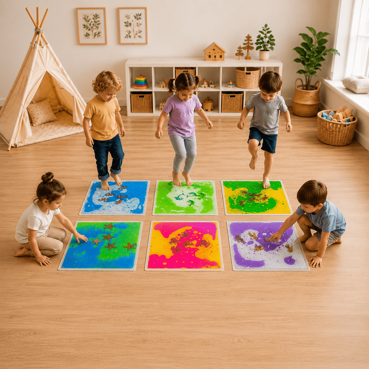 Playlaan - Sensorische ontdektegels met vloeistof (50×50cm) – Zeedieren 6st - Playlaan
