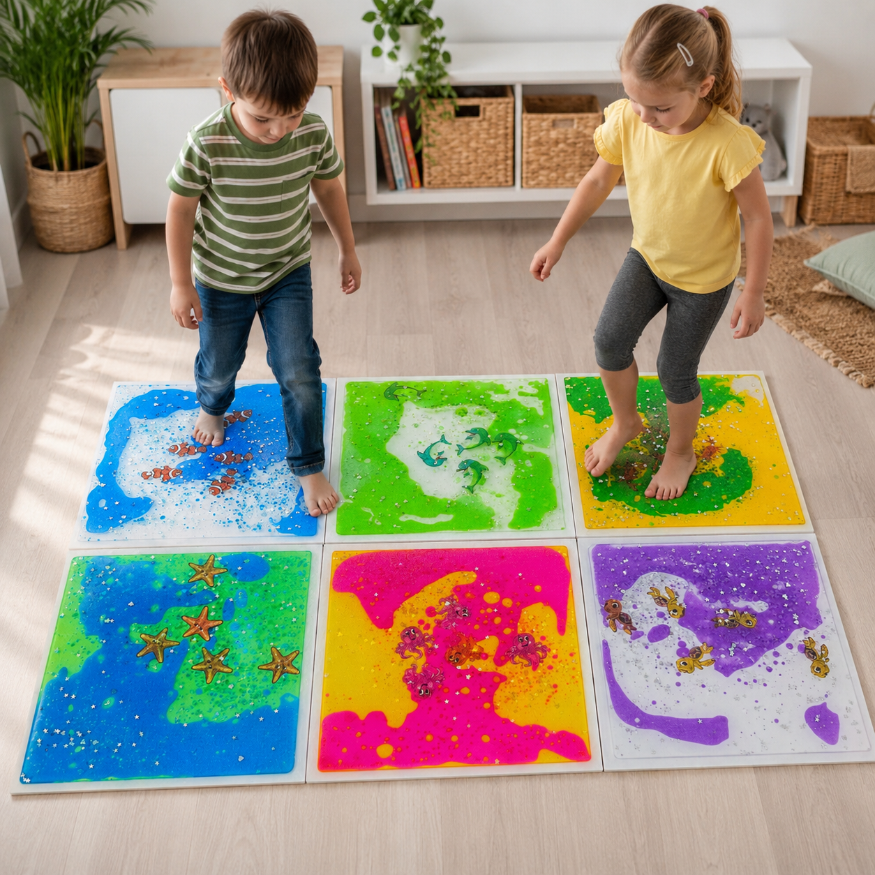 Playlaan - Sensorische ontdektegels met vloeistof (50×50cm) – Zeedieren 6st - Playlaan