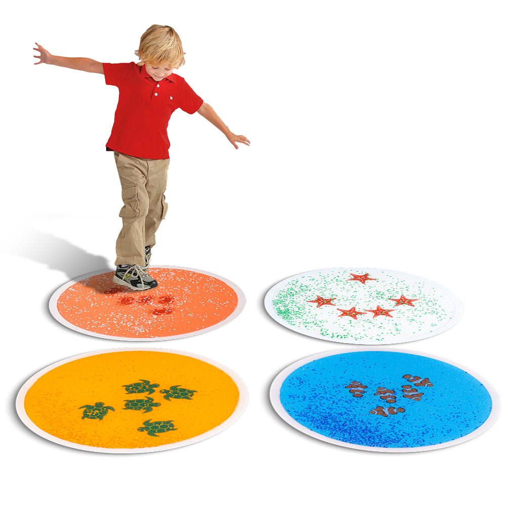 Playlaan - Sensorische ronde vloeistoftegels met zeedieren – 4-delige set (Ø 50cm) - Playlaan