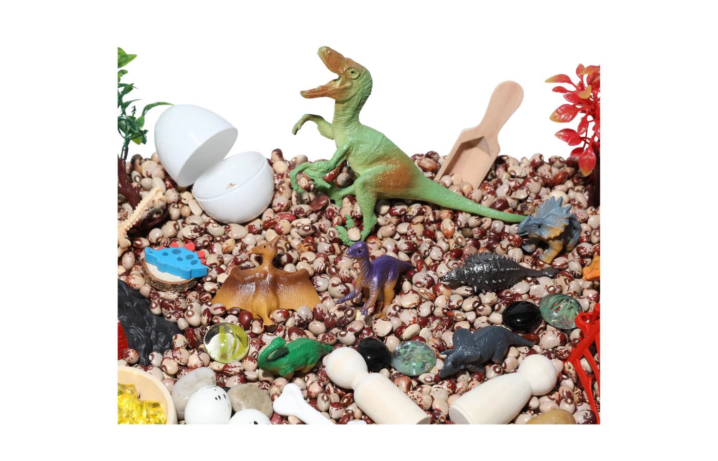 PlaySo - Sensory Play Tray - dinosaurussen - bonen - PlaySo - Playlaan
