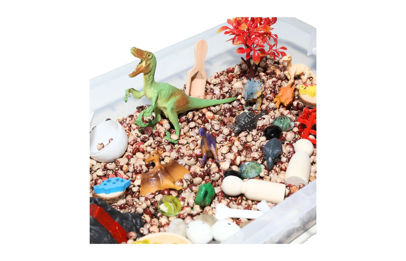 PlaySo - Sensory Play Tray - dinosaurussen - bonen - PlaySo - Playlaan