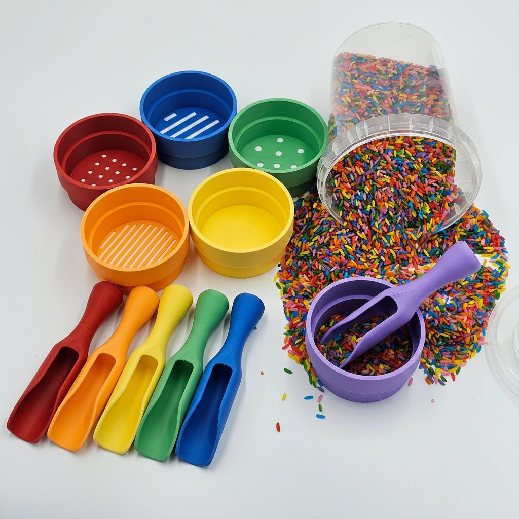 Studio Pretletter - Studio Pretletter - Sensorisch speelpakket Regenboog met speelrijst, schepjes en speelbakjes - Playlaan
