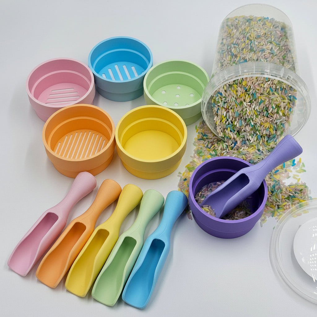 Studio Pretletter - Studio Pretletter - Sensorisch speelpakket Unicorn pastel met speelrijst, schepjes en speelbakjes - Playlaan