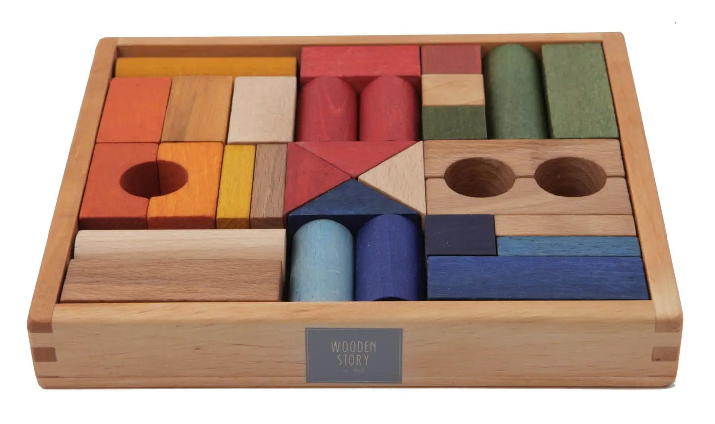 Wooden Story - Houten blokken in kist - 30 stuks - regenboog - Playlaan