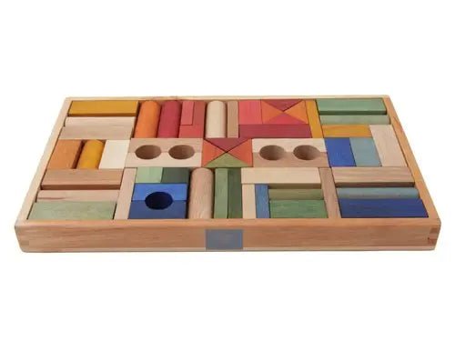 Wooden Story - Houten blokken in kist - 54 stuks - regenboog - Playlaan