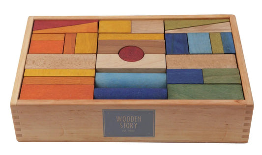 Wooden Story - Houten blokken XL in kist - 63 stuks - regenboog - Playlaan